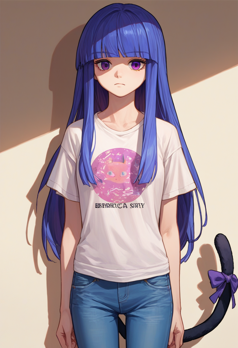 score_9, score_8_up, score_7_up,  source_anime,   <lora:BernPXL-000013:1> frederica bernkastel, long hair, blue hair, purple eyes, cat tail, jeans, t-shirt,