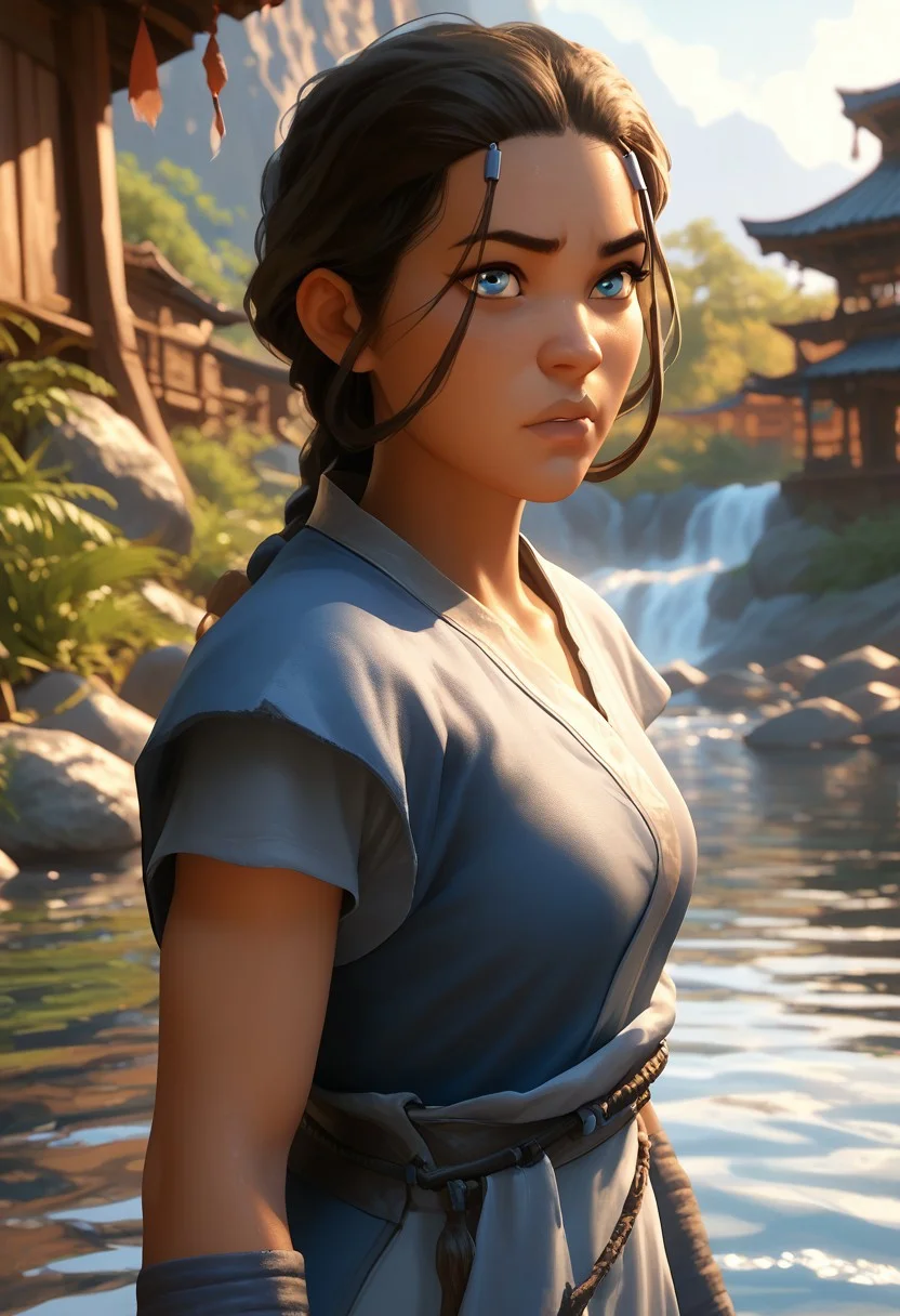 score_9, score_8_up, score_7_up, dgns, volumetric lighting, aesthetic, ka_tara, 1girl, solo, blue eyes, Inuit girl, dark skin, long brown hair, water tribe clothing