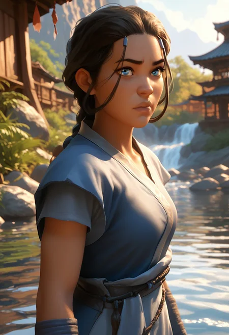 score_9, score_8_up, score_7_up, dgns, volumetric lighting, aesthetic, ka_tara, 1girl, solo, blue eyes, Inuit girl, dark skin, long brown hair, water tribe clothing