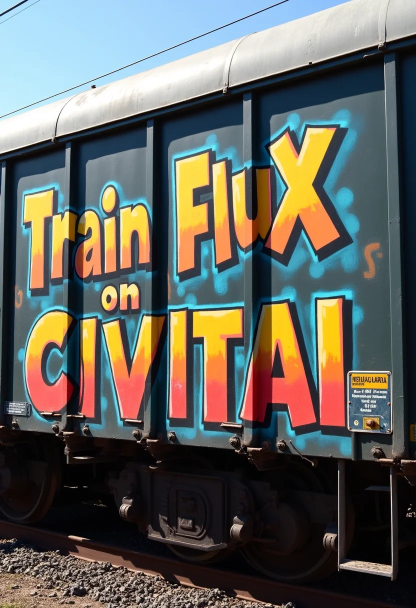text "Train Flux on Civitai" in colorful graffiti written on the side of a train wagon