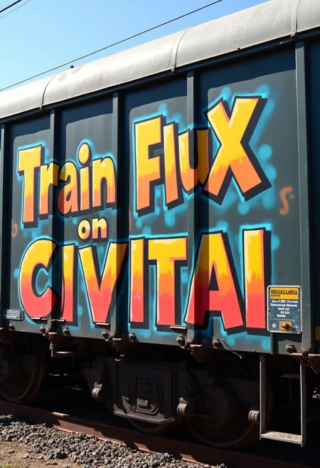 text "Train Flux on Civitai" in colorful graffiti written on the side of a train wagon