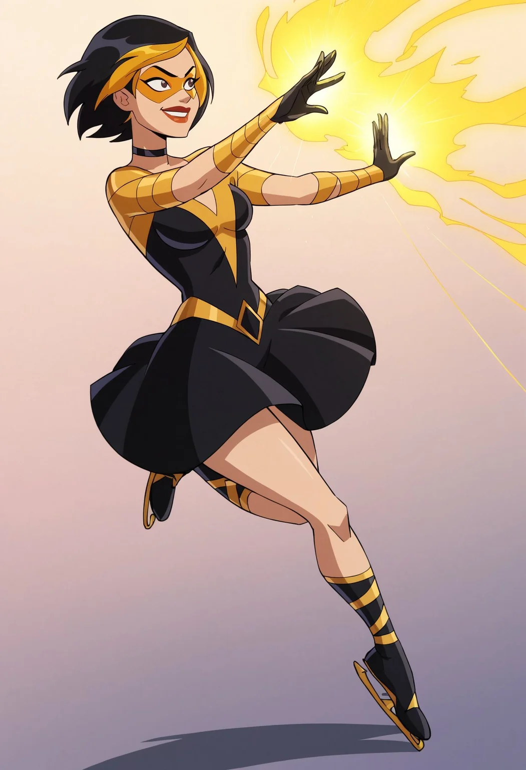 score_9, score_8_up, score_7_up, score_6_up BREAK, skating, dancing, ballet, g0g1-dh, smirk, 1girl, short hair, black hair, gold hair, multicolored hair, choker, domino mask, makeup, lipstick, gloves,black dress, boots, aura, glowing <lora:Golden_Glider_Kite_Man_r1:0.7>