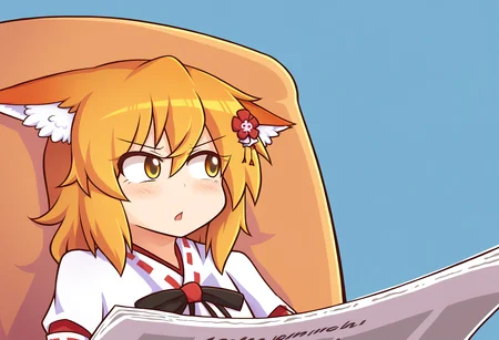 score_9, uncensored, source_anime
BREAK
1girl, solo, senko, blonde hair, animal ears, fox ears, blush, animal ear fluff, hair ornament, fox girl, hair flower, hair between eyes, short hair, fox tail, tail, flat chest, yellow eyes, young girl, open mouth, simple background, sitting, upper body, animal ear fluff, looking to the side, v-shaped eyebrows, blue background, chair, newspaper, miko, japanese clothes, ribbon mesh sleeves, sitting on chair
<lora:awoo_pony_v1:1> <lora:SenkoXL:1>