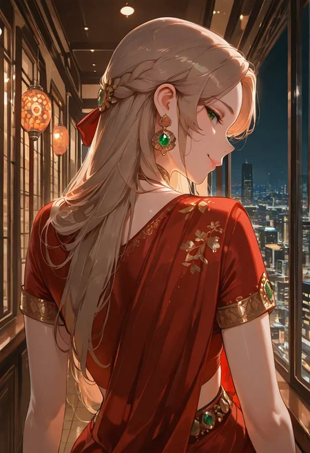 best quality, masterpiece, ultra-HD, cinematic lighting,aesthetic,i1d2sa2re,red saree,1 girl,30 years old,beautiful,solo,adult,looking at viewer,emerald color eyes,eyes detailed,light brown long hair,no bangs,smile,short sleeve, jewellry, ornaments,nacklace,BREAK,in upscale restaurant,standing beside floor-to-ceiling windows,high-rise,night city background,((mouth focus, close up,side profile))