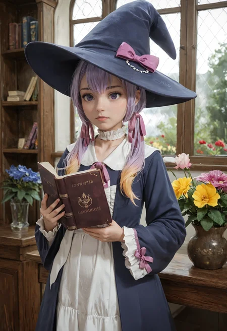 score_9, score_8_up, score_7_up, realistic, BREAK
1girl, standing, indoors, flowers, nature, holding book, l
<lora:Hanamori-Natsumi-m4-000005:0.8>
Hanamori-Natsumi
purple hair, gradient twintails, witch hat, hat bow, purple cloak, white dress, choker, neck ribbon, hair ribbon, sleeve bow