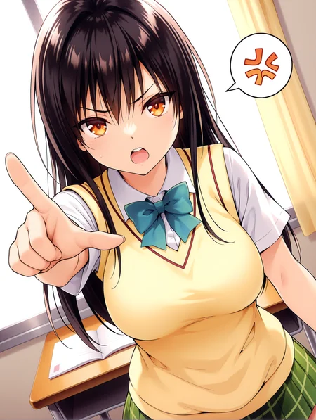 masterpiece,best quality,newest,
1girl,solo,general,
<lora:kotegawa_yui_ilxl_v1.2:1>,yui,black hair,long hair,orange eyes,y_clothes,short sleeve blouse,sweater vest,green plaid skirt,
<lora:Fixhands_anime_bdsqlsz_V1:1>,looking_at_viewer,upper_body,face_focus,dynamic_angle,cinematic_angle,serious,glaring,cocked eyebrow,reaching,(pointing:1.2),pov,curtains,desk,open mouth,upper_teeth,spoken anger vein,simple_background,