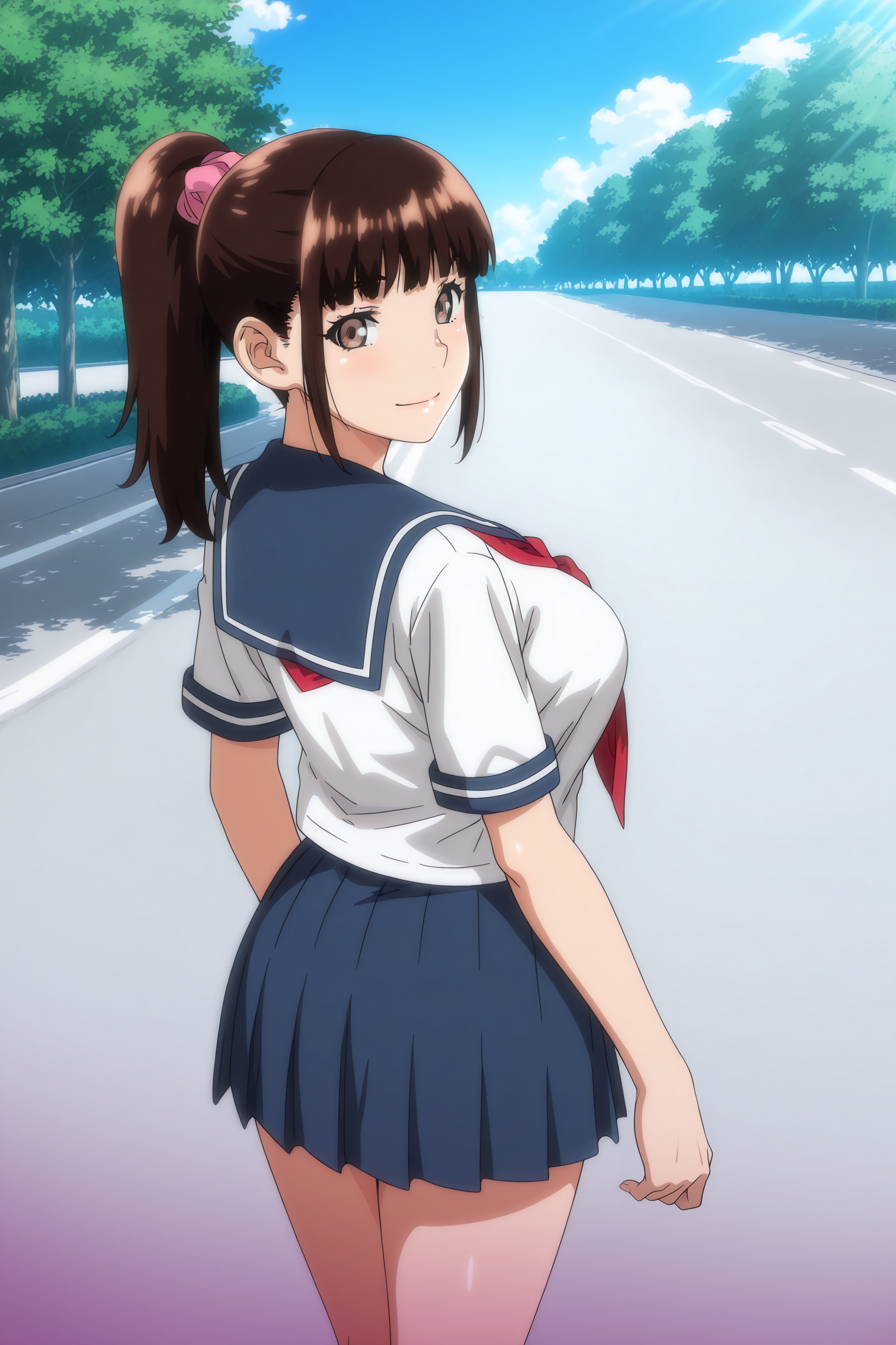 anime screencap, anime coloring, detailed face, masterpiece, best quality, very aesthetic, absurdres, volumetric lighting, official style, amazing quality, ultra detailed, highres, amazing quality, scenery, beautiful detailed hair, beautiful detailed eyes,
<lora:StS-Illustrious-Detail-Slider-v1.0:4>
 <lora:Satsuki_Kuroda_Iinchou_wa_Saimin_Appli_wo_Shinjiteru.:1>
1girl, solo,brown hair, ponytail, brown eyes, large breasts, 
school uniform,  serafuku, red neckerchief, blue pleated skirt,
outdoors, on a street, trees, blue sky,
view from behind, high angle, girl looking back, smile