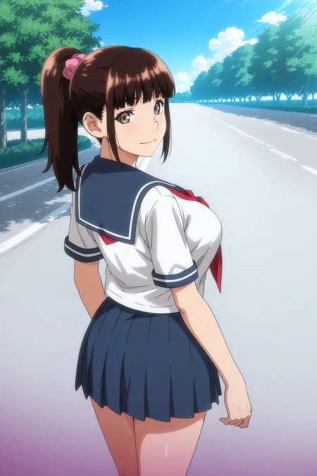 anime screencap, anime coloring, detailed face, masterpiece, best quality, very aesthetic, absurdres, volumetric lighting, official style, amazing quality, ultra detailed, highres, amazing quality, scenery, beautiful detailed hair, beautiful detailed eyes,
<lora:StS-Illustrious-Detail-Slider-v1.0:4>
 <lora:Satsuki_Kuroda_Iinchou_wa_Saimin_Appli_wo_Shinjiteru.:1>
1girl, solo,brown hair, ponytail, brown eyes, large breasts, 
school uniform,  serafuku, red neckerchief, blue pleated skirt,
outdoors, on a street, trees, blue sky,
view from behind, high angle, girl looking back, smile