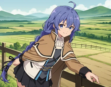 score_9, score_8_up, score_7_up, source_anime,
roxymigurdia, <lora:roxy-migurdia-s1-ponyxl-lora-nochekaiser:1>,
roxy migurdia, ahoge, black ribbon, blue eyes, blue hair, braid, hair between eyes, hair ribbon, long hair, twin braids, very long hair,
black legwear, black skirt, capelet, jacket, brown jacket, long sleeves, miniskirt, open clothes, open jacket, pleated skirt, skirt, white capelet, white footwear, white jacket,
outdoors, landscape, farm, bent over, smile,
looking at viewer, dutch angle, cowboy shot,