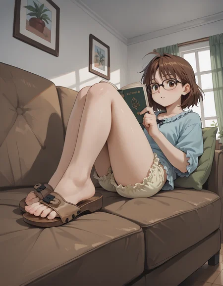score_9, score_8_up, score_7_up, score_6_up, source_anime,
1girl,
Sheshka, glasses, brown hair,
reading a book,
looking at viewer,
lying on couch,
bloomers, frilly pajama top,
low angle, from side,
(scholls_l3ather),
embedding:zPDXLrl ,
embedding:zPDXL2 ,