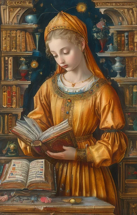 masterpiece,best quality,<lora:tbh294-sdxl:0.9>,illustration,style of Illuminated manuscript tech genius teenage girl