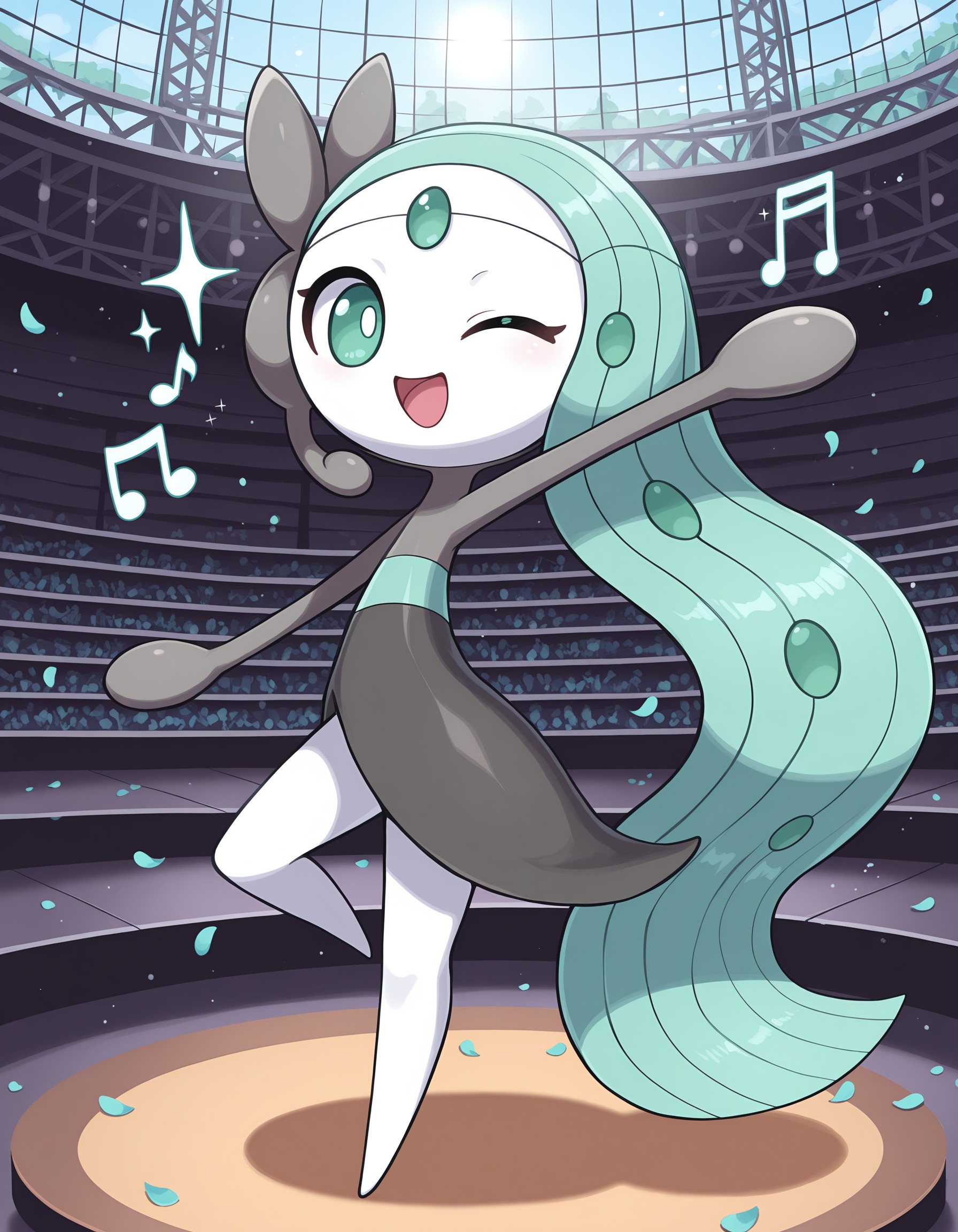 masterpiece, best quality, amazing quality, very detailed, newest, no humans, WnMltt, white skin, forehead gem, mint hair, green eyes, pokemon \(creature\), full body, looking at viewer, on stage, outdoors, (music notes), smile, sunny, flower petals, open mouth, (sparkles, shiny), one eye closed, raised leg, white pupils, <lora:4cccbc02-2bd2-4623-a661-feb02be03f0c:0.9>