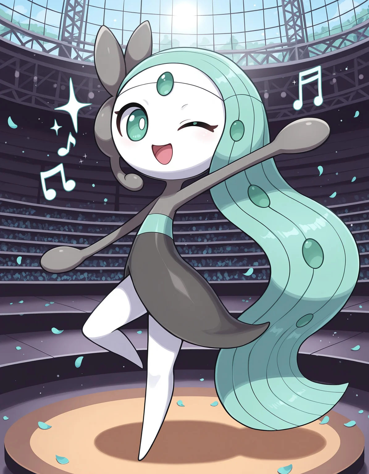 masterpiece, best quality, amazing quality, very detailed, newest, no humans, WnMltt, white skin, forehead gem, mint hair, green eyes, pokemon \(creature\), full body, looking at viewer, on stage, outdoors, (music notes), smile, sunny, flower petals, open mouth, (sparkles, shiny), one eye closed, raised leg, white pupils, <lora:4cccbc02-2bd2-4623-a661-feb02be03f0c:0.9>