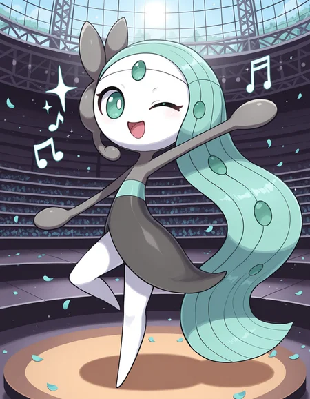 masterpiece, best quality, amazing quality, very detailed, newest, no humans, WnMltt, white skin, forehead gem, mint hair, green eyes, pokemon \(creature\), full body, looking at viewer, on stage, outdoors, (music notes), smile, sunny, flower petals, open mouth, (sparkles, shiny), one eye closed, raised leg, white pupils, <lora:4cccbc02-2bd2-4623-a661-feb02be03f0c:0.9>