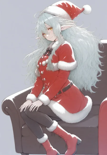score_9, score_8_up, score_7_up, anime, absurdres, simple background,
1girl, solo focus, looking at viewer, straight on angle, smile,
lux(sao), white hair, long hair, hip-length hair, wavy hair, amber eyes, perfect eyes, elf ears,
alo-outfit, christmas-outfit, santa hat, santa outfit, black tights, boots,
sofa, sitting on sofa, nothing in hands, both hands on legs, empty hands, closed hands,