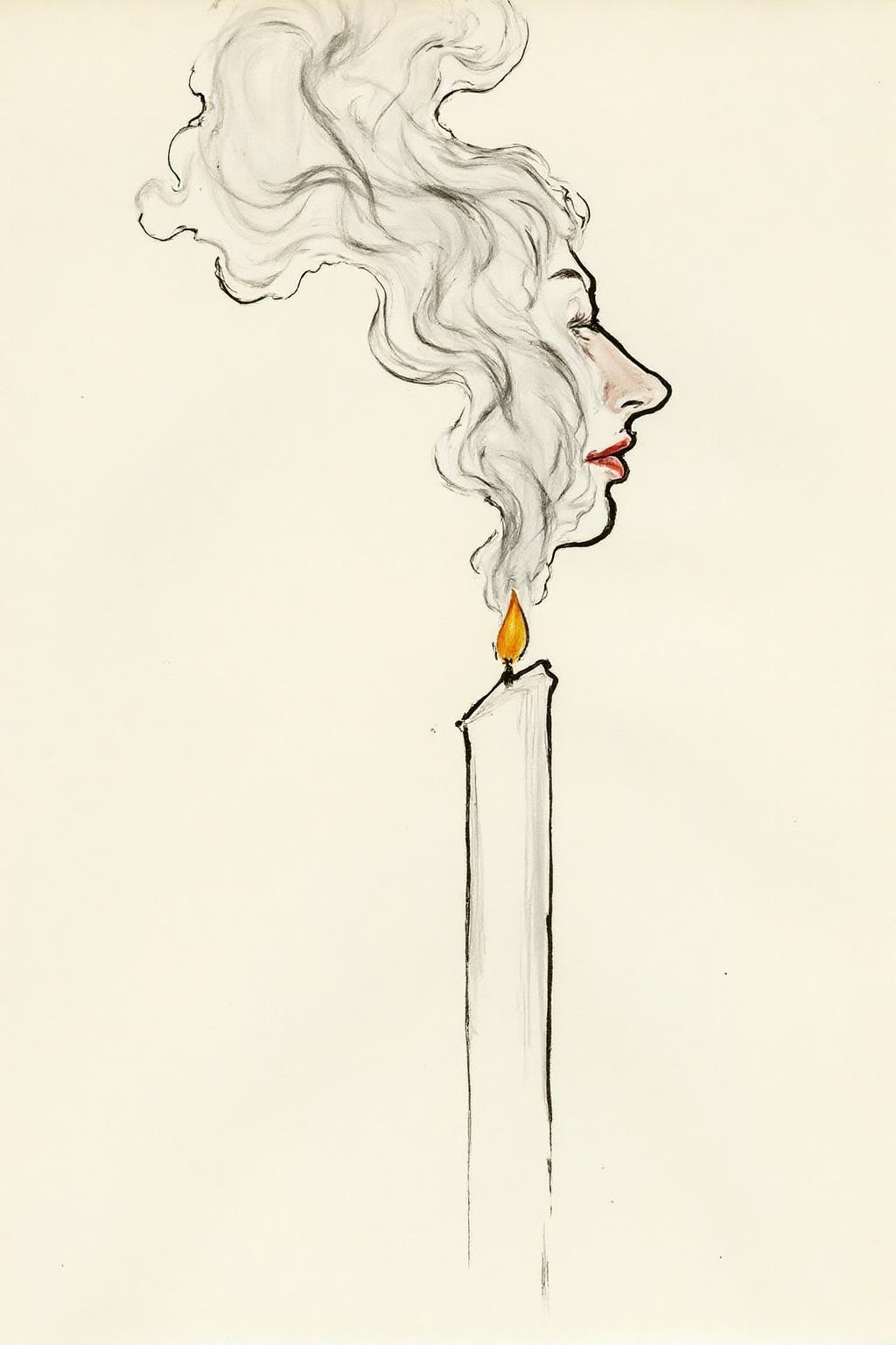 regr1 sketch. Wisps of smoke rising from a candle in the form of a woman's profile <lora:regr1_fashion_nocap_d6a3:1.0><lora:807334640819064456:0>