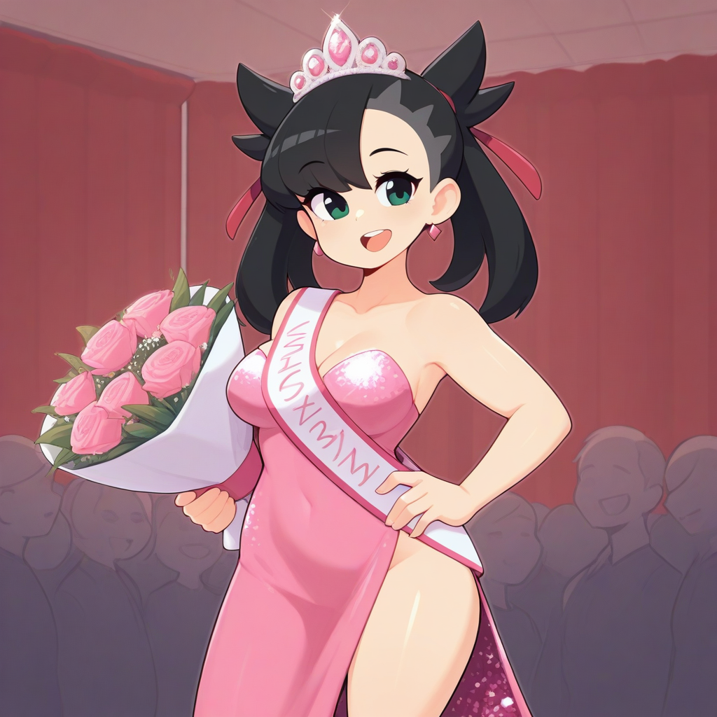 source_western, cowboy shot, (drawn by Scott Malin, drawn by Squeezable \(squeezabledraws\), drawn by Fizintine), marnie\(pokemon\), wide happy open mouth smile,
<lora:Pageant_Sash:1.3> (girl wearing thick (P4g34n7_s4sh, wide ((shoulder_sash)) diagonal across full torso with ((english letters))):1.2), beauty pageant winner, ((skin tight, ((shiny sequin fabric)), strapless formal dress, ((very long maxi length dress)), pink dress, single leg slit up to hip dress, ((shiny sequins)), ):1.1), cleavage, tiara, holding large bouquet of flowers, on stage, stage curtains, crowd, indoors,