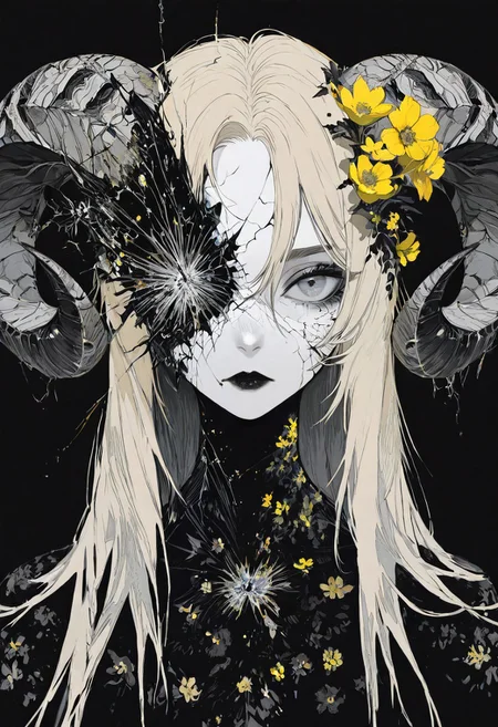 masterpiece, best quality, good quality, very awa, newest, highres, absurdres, solo, looking at viewer, simple background, blonde hair, 1girl, female focus, flower, curled horns, colored skin, black background, portrait, furry, yellow flower, straight-on, grey eyes, crack, black lips, cracked skin, breaking, limited palette,