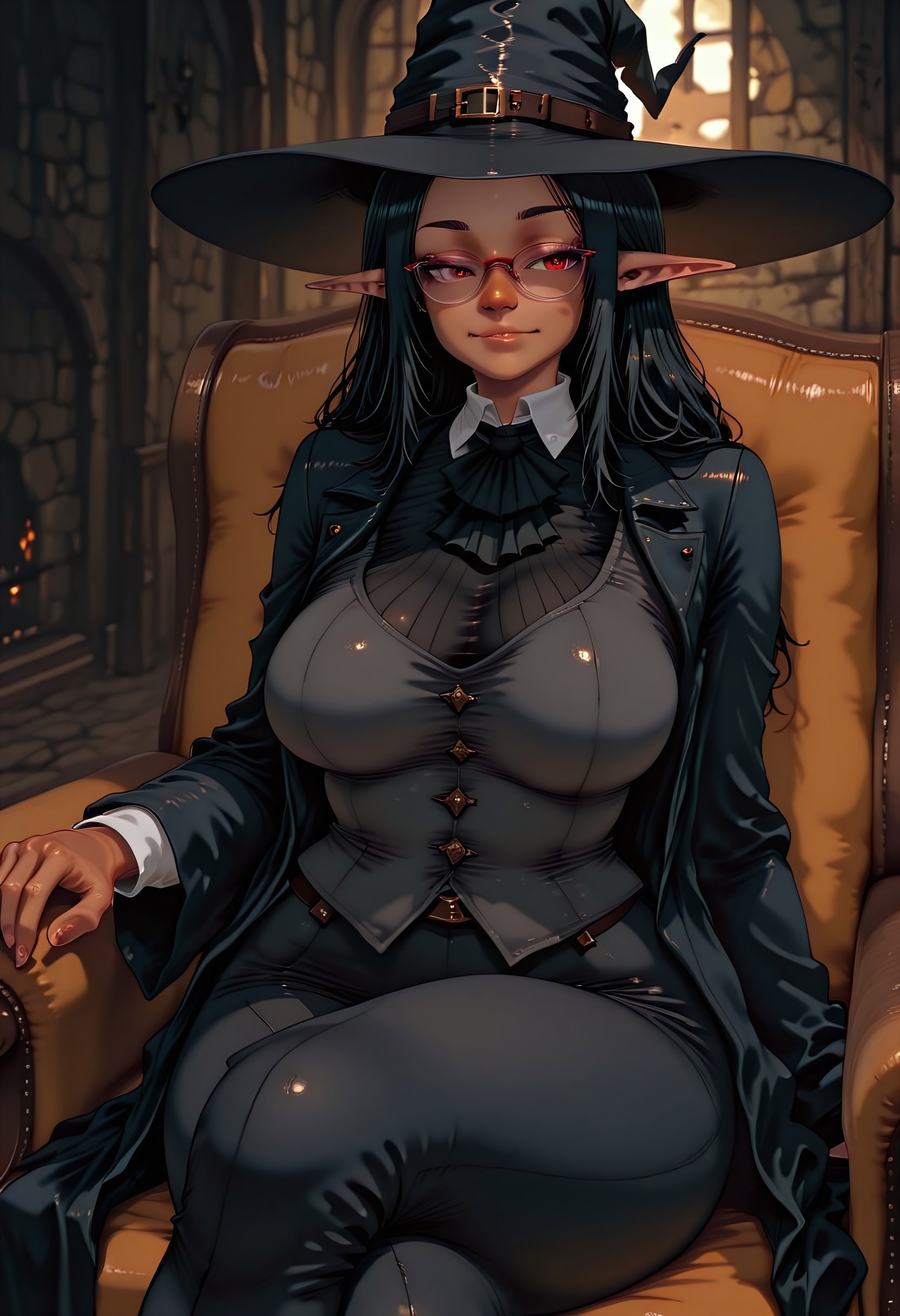masterpiece, best quality, highres, absurdres, amazing quality, high resolution, 
Dark Skin, Glasses, hazel eyes, long black hair, long pointy ears
long coat, vest, button down shirt, black frilly collar
plush medieval seat, crossed legs, sitting