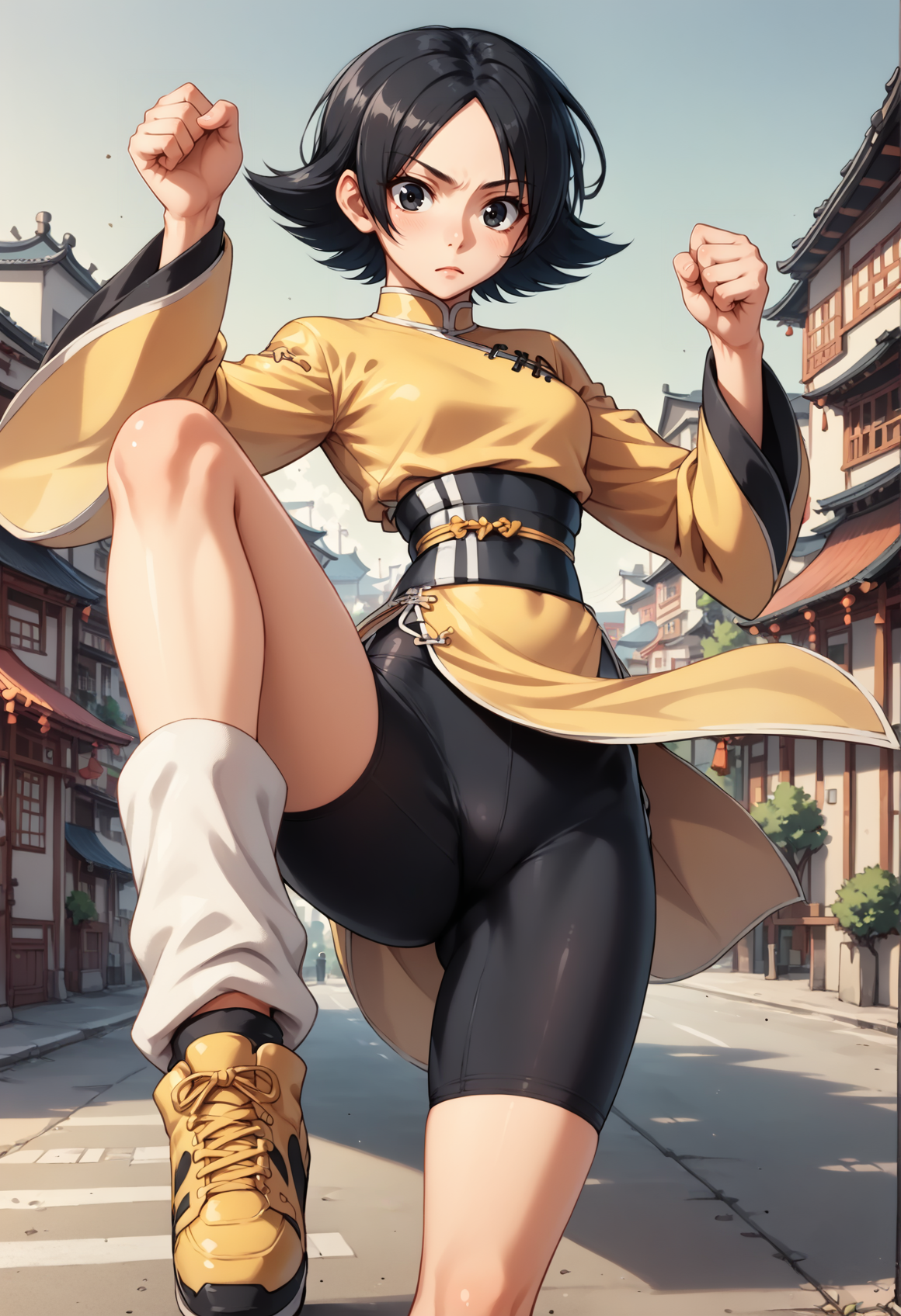 1girl, short hair, black hair, black eyes, chinese clothes, long sleeves, wide sleeves, bike shorts, leg warmers, sneakers, kicking, kicking at viewer, chinese city, cowboy shot  <lora:Lynn_Baker_RotD_XL:0.8>, score_9, score_8_up, score_7_up, score_6_up, score_5_up, score_4_up, BREAK source_anime, masterpiece