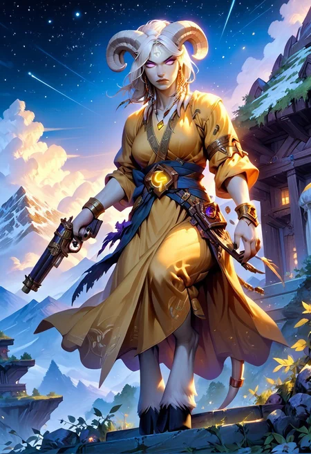 masterpiece, score_9, score_8_up, score_7_up, score_6_up, world of warcraft, detailed face, 

outdoor, mountains, night, stars, 

(h0rns, ram horns, white horns), (female, mature, draenei, athletic arms, pale white skin, long white hair, four fingers, one thumb, black nail polish), (purple eyes), stern face, stern look, 

(blue and yellow robe, simple armlet, small yellow gem pendant), GunMonk, shotgun, 

full body, dynamic pose