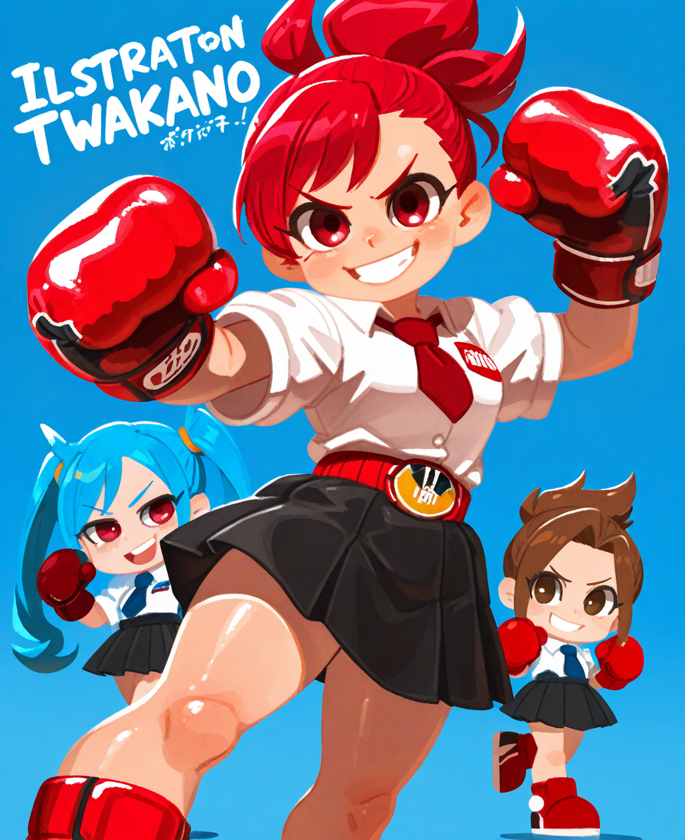 <lora:zettonamo888C:1> zettonamo888,
(masterpiece), (best quality), (ultra-detailed), amazing quality, very aesthetic, illustration, perfect composition, intricate details, absurdres, incredibly absurdres, shiny skin, realistic,
 zettonamo888, multiple girls, twintails, boxing gloves, brown hair, smile, 3girls, clenched hands, school uniform, red eyes, open mouth, red hair, skirt, shirt, blue hair, long hair, dress, red gloves, short sleeves, clenched hand, white shirt, grin, weapon, punching, looking at viewer, necktie, chibi, blue background, red footwear, pleated skirt, brown eyes, gloves, collared shirt, ponytail, black skirt, general