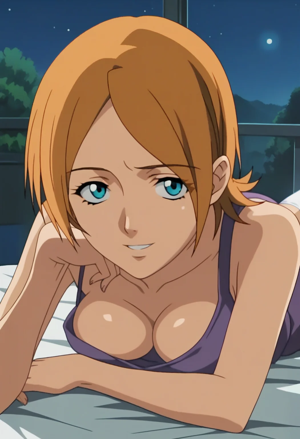 score_9, score_8_up, score_7_up, score_6_up, anime screencap, anime coloring, <lora:TheUrotsukiMob1_epoch_9:0.9>, MinakoHaruno, 1girl, solo, orange hair, short hair, blue eyes, breasts,
purple dress, white thighhighs,
looking at viewer, bed, lying, on stomach, breast press, seductive smile, legs,
BREAK night sky, night, indoors,