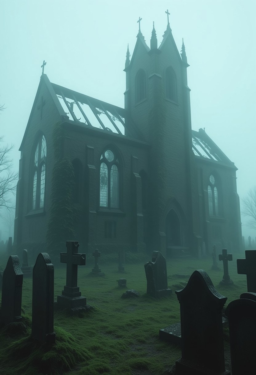 (((8k resolution))), (((absolute masterpiece))), (((best quality))), ultra detailed, score_9, score_8_up, score_7_up, eerie and haunting atmosphere, an old ruined church standing on a lonely hill, its darkened stone walls crumbling and overgrown with ivy, shattered stained-glass windows letting in faint ghostly light, partially collapsed roof with exposed wooden beams, surrounded by a foggy cemetery, ancient tombstones half-sunken into the moss, thick mist swirling around the graves, twisted crosses casting long shadows, indistinct ghostly shapes moving between the gravestones, ominous and silent mood, subtle details, soft shading, unsettling yet captivating scene.