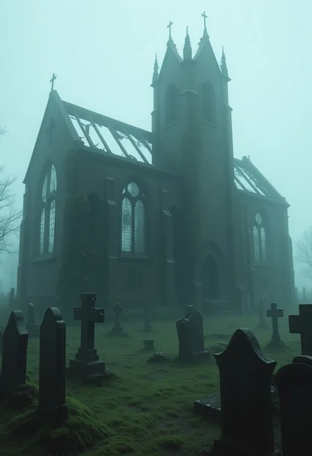 (((8k resolution))), (((absolute masterpiece))), (((best quality))), ultra detailed, score_9, score_8_up, score_7_up, eerie and haunting atmosphere, an old ruined church standing on a lonely hill, its darkened stone walls crumbling and overgrown with ivy, shattered stained-glass windows letting in faint ghostly light, partially collapsed roof with exposed wooden beams, surrounded by a foggy cemetery, ancient tombstones half-sunken into the moss, thick mist swirling around the graves, twisted crosses casting long shadows, indistinct ghostly shapes moving between the gravestones, ominous and silent mood, subtle details, soft shading, unsettling yet captivating scene.