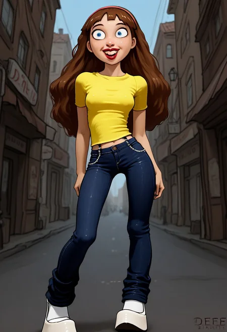 score_9, score_8_up, score_7_up, score_6_up, (ultra HD quality details), low angle view, bielegraphics,
solo, 1girl, morticiasmith,
standing in street,
brown hair, long hair, hairband,
blue eyes, white sclera,
white skin, pale skin, makeup, lipstick, red lips,
super excited, open mouth, huge smile,
garter belt, stockings, white platform pumps, yellow shirt, jeans,