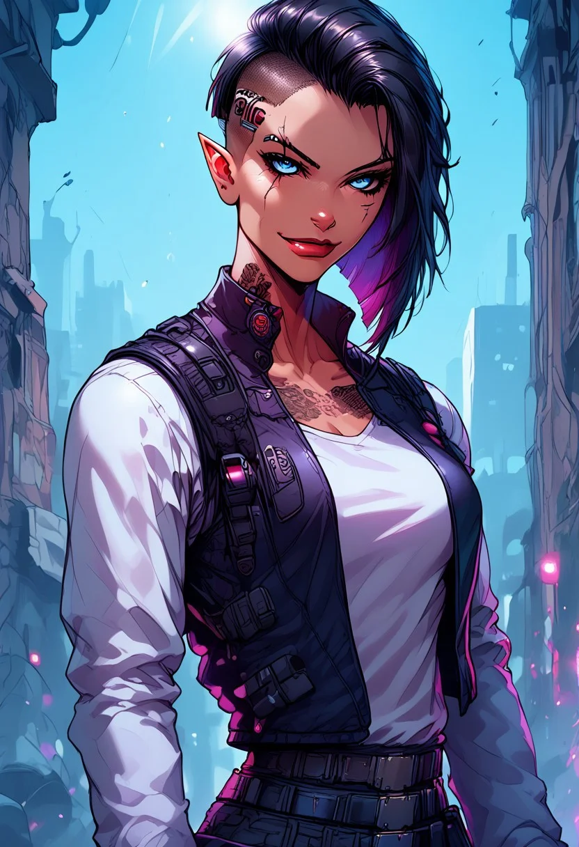 score_9, score_8_up, score_7_up, score_6_up, score_5_up, masterpiece, perfect face, perfect hands,perfect eyes, high quality,
side stance dynamic pose, (1Big scar over one eye and eyebrow down to cheek:2,0), evil look in the eyes,standing, looking at viever,
athletic build, 1dark elf girl, black brown skin color, long side cut,(long elf ears:3,0), short spiky hair, hair color mix white and copper red, breasts, (1sleeve Tattoo: 1,0) blue eyes,
cargo pants, white V cut t-shirt, (( bullet proof vest)), sneakers,
knee pads, tactical glowes, utility belt, bandolier, on neck small barcode tatto, (huge bulky cybernetics on head:3,0), steel plate on head,
smirk, cheerful, 1 silver tooth,
cybernetics only on head,
cyberpunk,
BREAK
urban sci-fi, light rays, windows, city ruins, city ruins, warzone, street, , (burning building:2,0),
ais-rmr,easynegative,