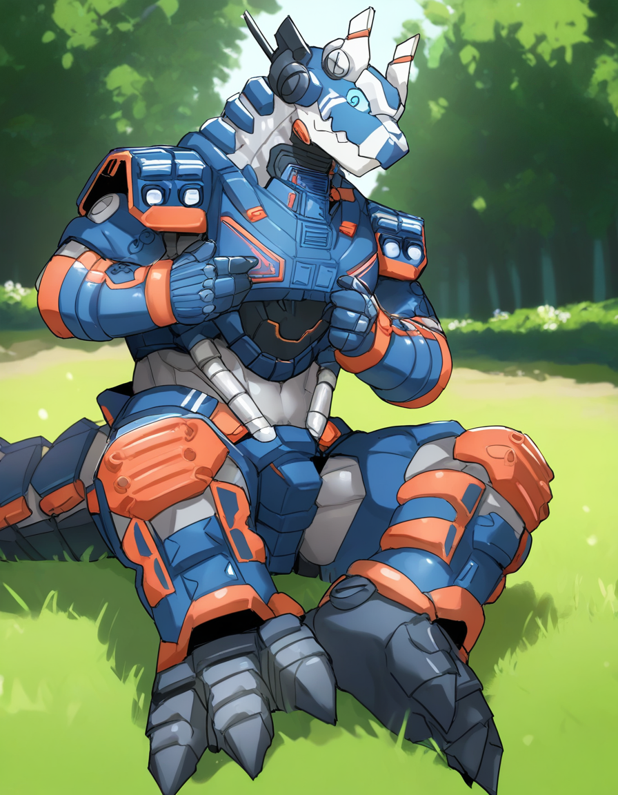 1boy, solo, dragon, robot, earthgaron, male, sitting on ground, hand on chest, looking at viewer, embarrassed, [tail, feet], 5 fingers, 3 toes, park, outdoors, detailed face, detailed eyes, [[kemono, nekowuwu]], (masterpiece, best quality, very aesthetic, amazing quality), absurdres, highres