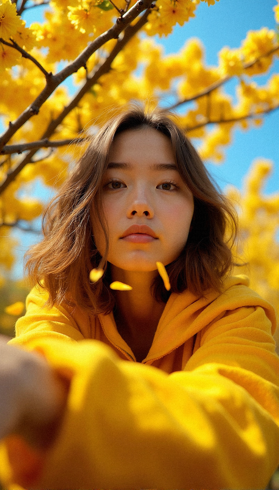 a scene where a woman, a golden-bloomed tree, her face lit by the warm glow of the blossoms. She is dressed in a casual tracksuit, and her expression is serene yet reflective. The vibrant yellow flowers above form a natural canopy, with a few petals gently floating down around her, creating a tranquil yet poignant atmosphere. The sky behind is a clear, deep blue, contrasting with the bright blossoms. Every detail, from the texture of her clothes to the soft light filtering through the flowers, is captured in sharp, photorealistic detail, highlighting the harmonious blend of natural beauty and human presence.

Leaning forward, both arms extended in front, 