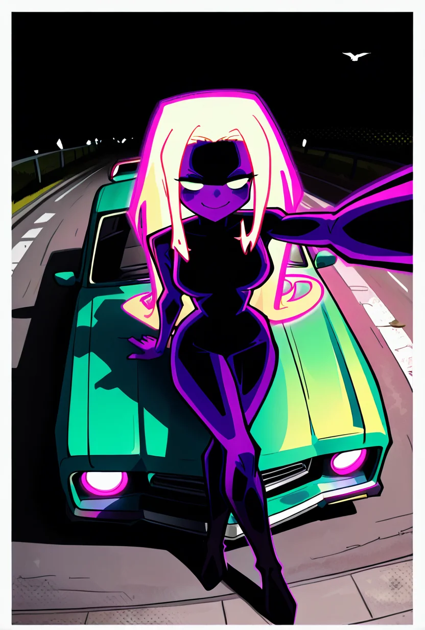 <lora:anodite-10:1> anodite, colored skin, no pupils, blank eyes, very long hair, breasts, glowing hair, forehead, purple body, black body, dynamic pose, , facing viewer, round head, smile, purple outline, <lora:sakfsdajfkasd:1> alpharecdyt, leaning on green car, , sitting on car hood, mustang, car photo, bird eye view, from above, dutch angle, selfie arm, crossed legs, giant car, crossed legged sit, legs, masterpiece, best quality, amazing quality, very aesthetic, absurdres, newest,, upper body, halftone effect, white borders, abstract background:1.2,