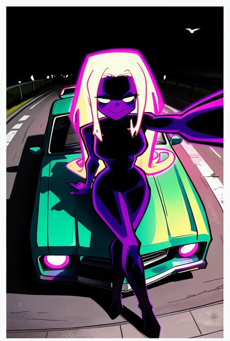 <lora:anodite-10:1> anodite, colored skin, no pupils, blank eyes, very long hair, breasts, glowing hair, forehead, purple body, black body, dynamic pose, , facing viewer, round head, smile, purple outline, <lora:sakfsdajfkasd:1> alpharecdyt, leaning on green car, , sitting on car hood, mustang, car photo, bird eye view, from above, dutch angle, selfie arm, crossed legs, giant car, crossed legged sit, legs, masterpiece, best quality, amazing quality, very aesthetic, absurdres, newest,, upper body, halftone effect, white borders, abstract background:1.2,