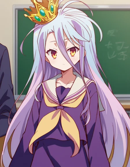 score_9, score_8_up, score_7_up, source_anime,
ngnlshiro, <lora:ngnl-shiro-s1-ponyxl-lora-nochekaiser:1>
shiro, long hair, hair between eyes, very long hair, white hair, messy hair, yellow eyes,
crown, shirt, long sleeves, school uniform, serafuku, sailor collar, neckerchief, white sailor collar, yellow neckerchief,
indoors, classroom,
looking at viewer, dutch angle, cowboy shot