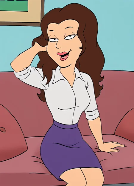 <lora:DrAmandaRebeccaFGPony:1> Dr.AmandaRebecca, 1girl, solo, brown hair, shirt, long hair, skirt, purple skirt, white shirt, sitting, lipstick, couch, smile, open mouth, makeup, breasts, score_9, score_8_up, score_7_up, score_6_up, score_5_up, score_4_up, looking at viewer,sitting, couch, hand in own hair,
