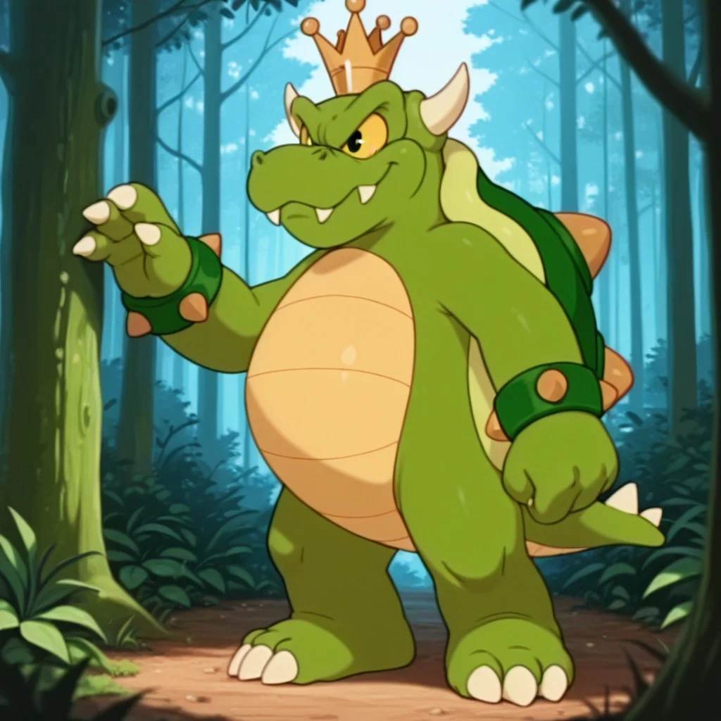 masterpiece, best quality, amazing quality, KoopaASMB3, semi-anthro, male, turtle, green skin, horns, yellow sclera, black eyes, spiked shell, gold crown, green spiked wristbands, solo, full body, standing, one hand up, in forest,, <lora:157351a8-a7ff-4af3-b3c2-5c67a0aed7ad:1.0>