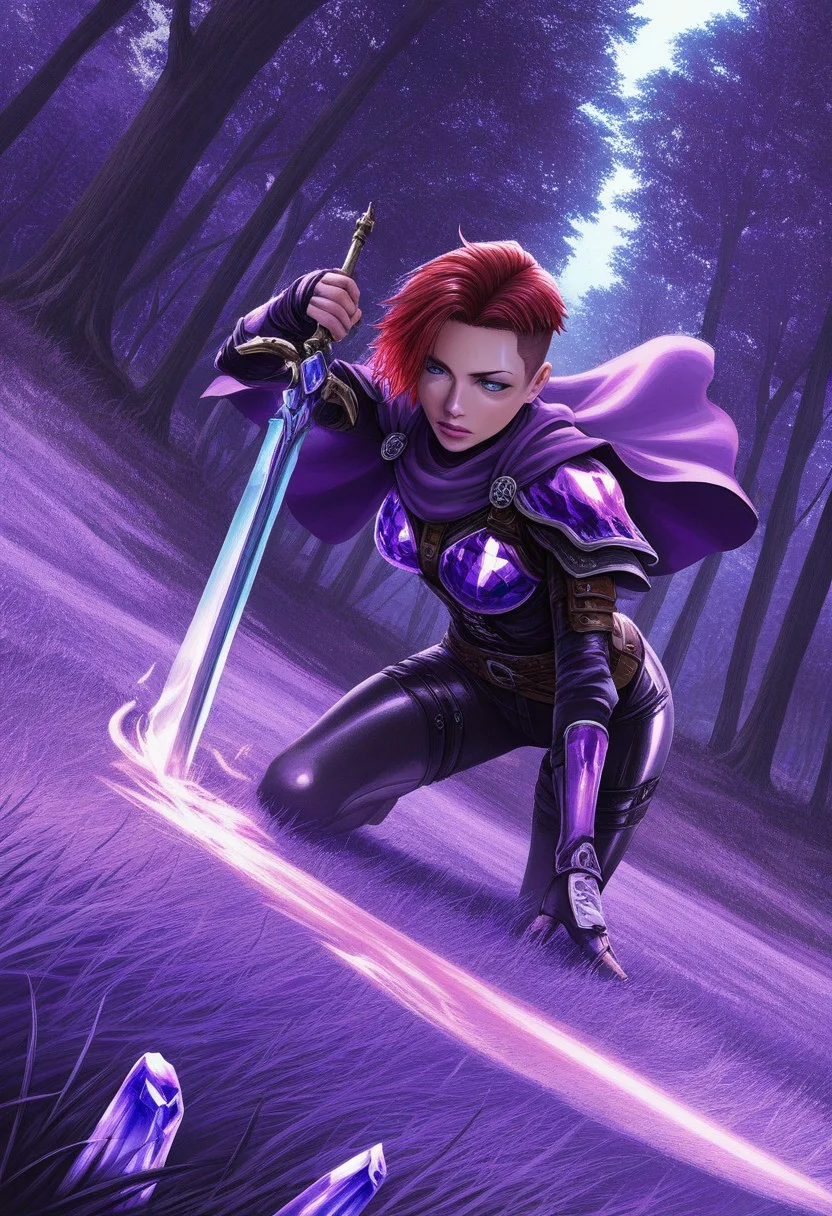 masterpiece, best quality, amazing quality, very aesthetic, absurdres, dynamic angle, ultra-detailed, highly detailed, cinematic lighting, realistic shading, purple cape, leather armor, 1girl, Solo, red hair, undercut, blue eyes,  purple blue crystal, trees, grass,
Hold sword, Great sword, Flaming sword, large weapon, MinekuraStyle