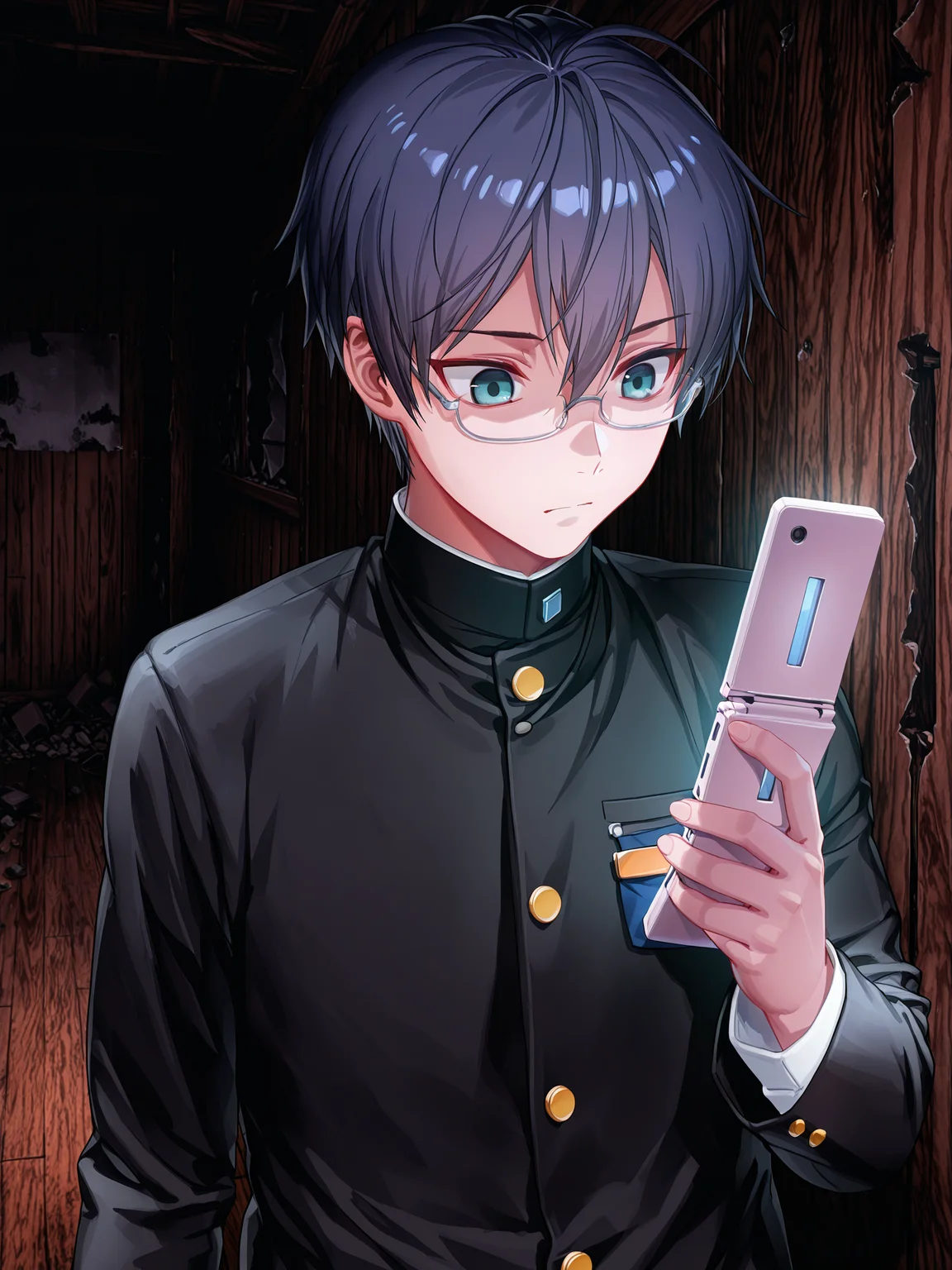 lazypos, ningen mame, nagasawa tougo, ciloranko, <lora:ShigeCoPa3XL:1> ShigeCoPa, 1boy, school uniform, gakuran, badge, glasses, short hair, <lora:cfg_scale_boost:0.5> ruins, wooden wall, wooden floor, looking at phone, dark, upper body, flip phone, holding phone, solo, shaded face, lazypos