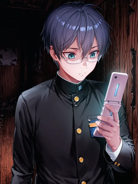 lazypos, ningen mame, nagasawa tougo, ciloranko, <lora:ShigeCoPa3XL:1> ShigeCoPa, 1boy, school uniform, gakuran, badge, glasses, short hair,  <lora:cfg_scale_boost:0.5> ruins, wooden wall, wooden floor, looking at phone, dark,  upper body, flip phone, holding phone, solo, shaded face, lazypos