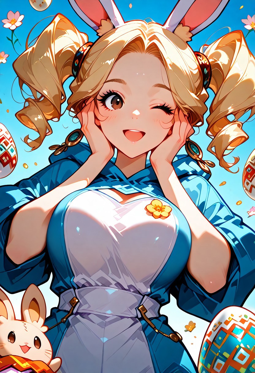 flower, fantasy, ShinyStar, Expressiveh,
Whimsical, face focus, zoom in, Splash background, simple background,
Bunny Costume, cute costume, blond hair, detailed face, detailed eyes, big breast, dutch angle, hands on face, floating, blue sky, blue costume, ;D, brown eyes, curly twin tails, eyelashes, easter eggs, flying bunny plushy,
