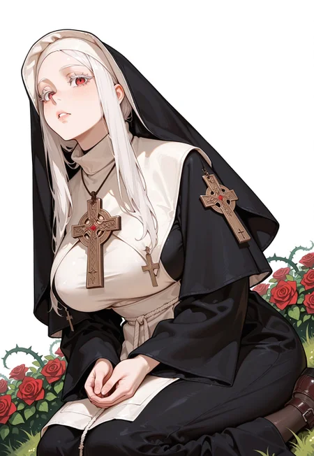 Green grass, late afternoon, bushes of rpses in background, thorny roses, thorns, solo,1girl, nun, habit, cross, albino, red eyes, white eyelashes, sitting, dutch angle, red thorny roses in hands, top view:0.5, white hair, big breasts, artist:moriimee, lazypos