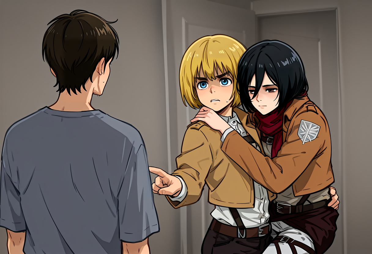 (masterpiece, high quality, amazing detail), highres, 1girl, 2boys, eren yeager, mikasa ackerman, armin arlert, protected kevin hert (meme), <lora:protected_kevin_hert_husband_of_hollywood:0.9>