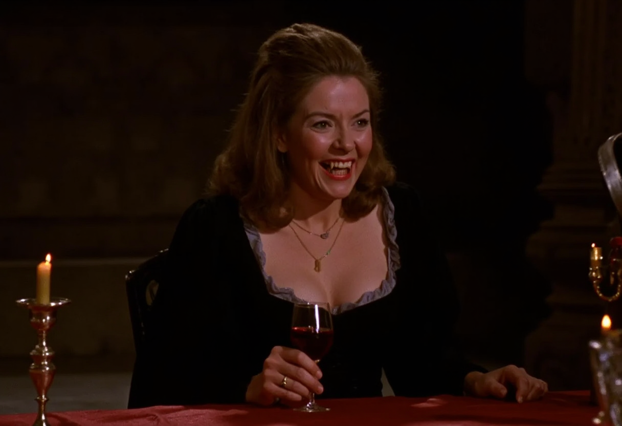 medium shot of a middle-aged aristocratic vampire woman sitting at a rich banquet table in a gothic castle, smiling showing fangs. pale skin, dark victorian dress, holding a glass of red wine. soft warm light at night <lora:hammer-000073:1>