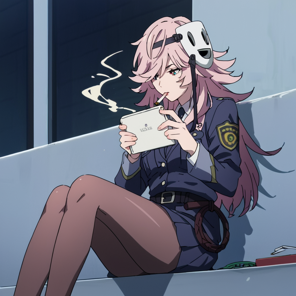 score_9, score_8_up, score_7_up, score_6_up, score_5_up, score_4_up, source_anime,  YayoiKUSAKABE, police woman, skirt, pantyhose, mask, sitting, handheld, smoking