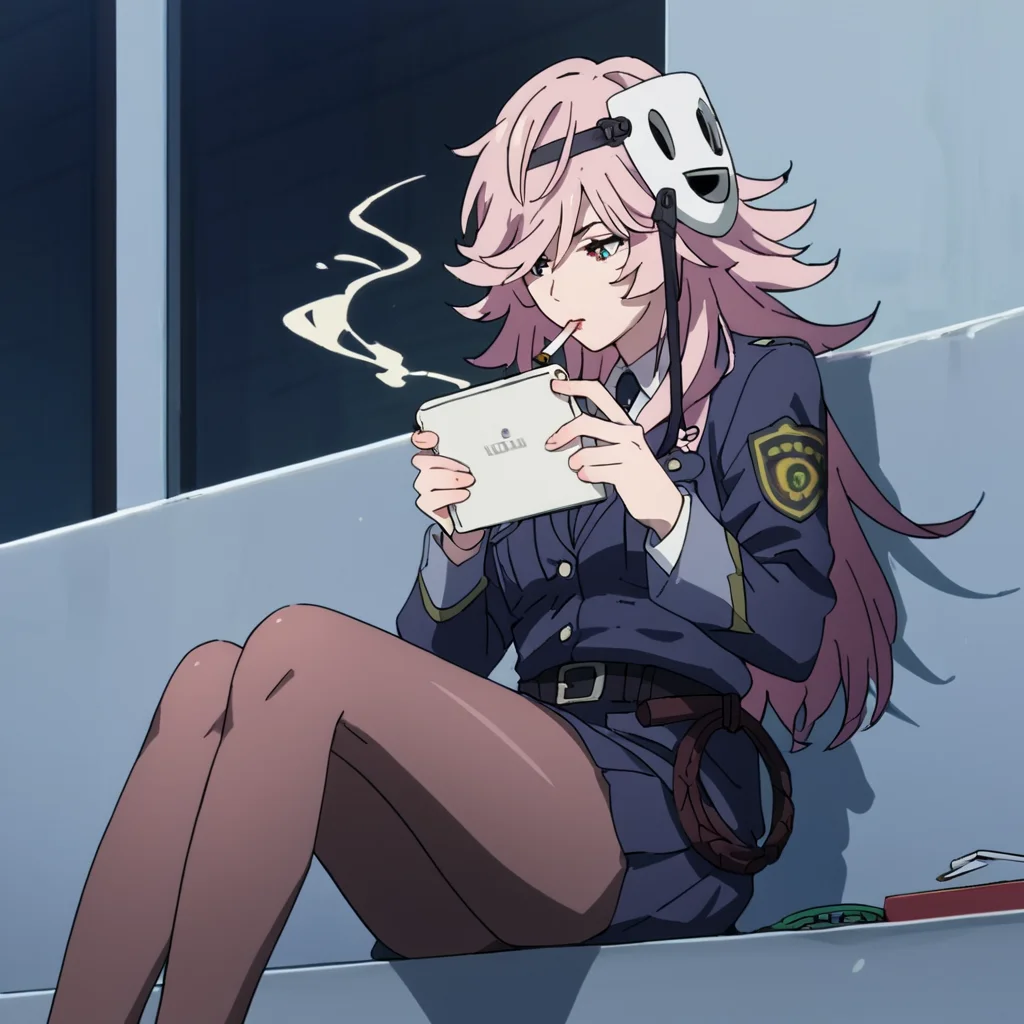 score_9, score_8_up, score_7_up, score_6_up, score_5_up, score_4_up, source_anime, YayoiKUSAKABE, police woman, skirt, pantyhose, mask, sitting, handheld, smoking