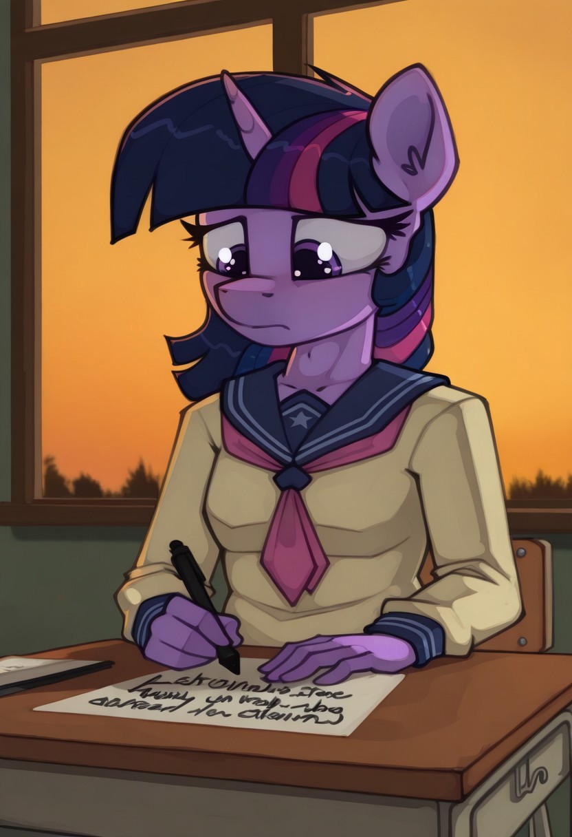 Marsminer, pony, anthro, hands, twilight sparkle, writing at desk, school girl uniform, from angle
