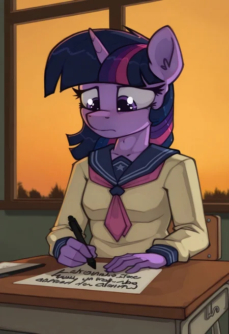Marsminer, pony, anthro, hands, twilight sparkle, writing at desk, school girl uniform, from angle