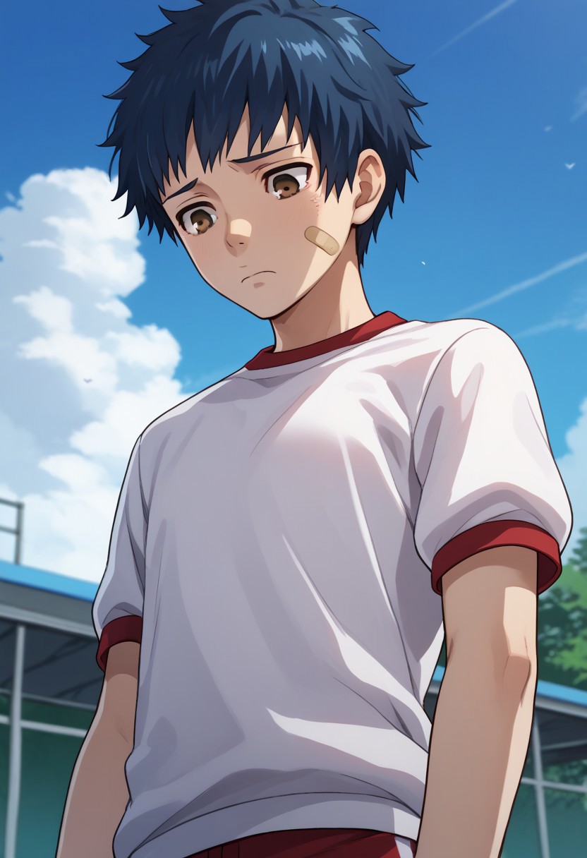 score_9, score_7_up, source_anime, 
mishima, 1boy, male focus, solo, brown eyes, blue hair, short hair, gym uniform, shirt, white shirt, short sleeves, bandaid, bandaid on face, sad, looking down,
outdoor, sky